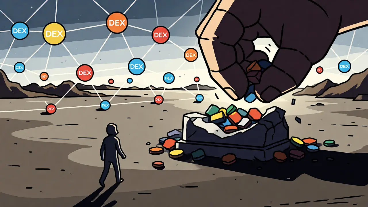 Stone hand crushing coin pile as trader walks toward decentralized network