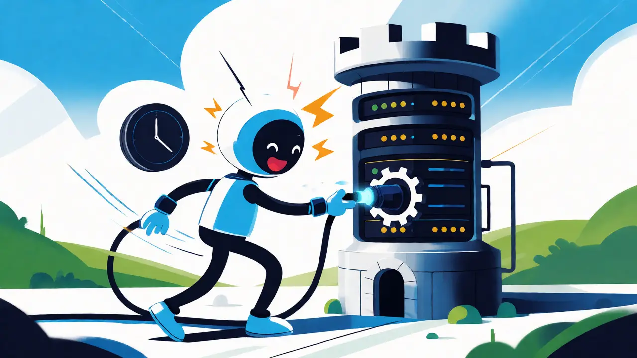 Stylized avatar connecting a cable to a server tower representing active node usage