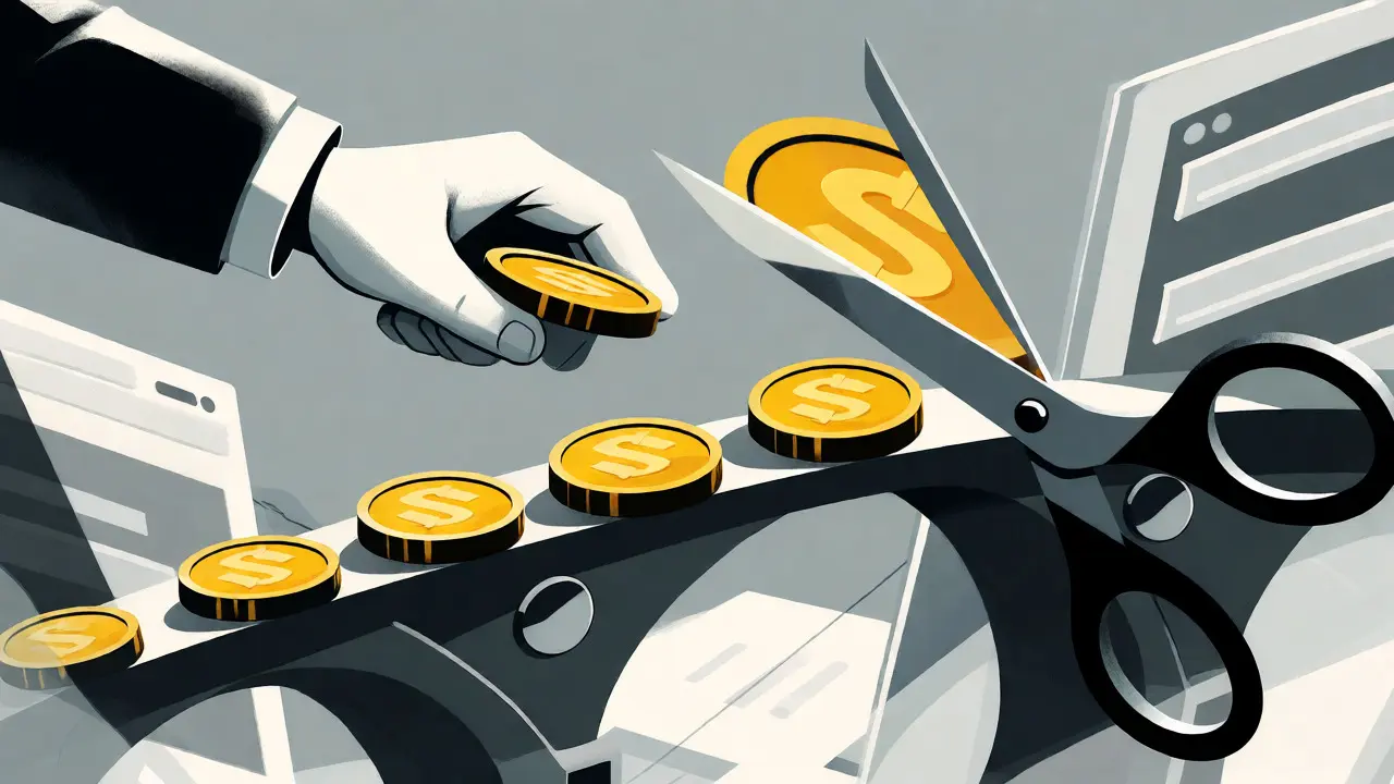 Stylized illustration of a transaction fee being deducted from a digital coin.