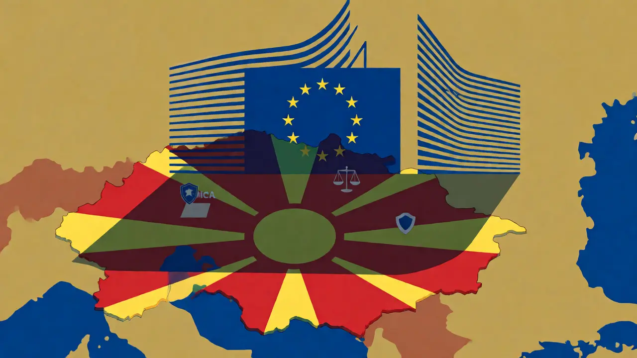 Stylized map of North Macedonia under the shadow of EU regulatory influence.