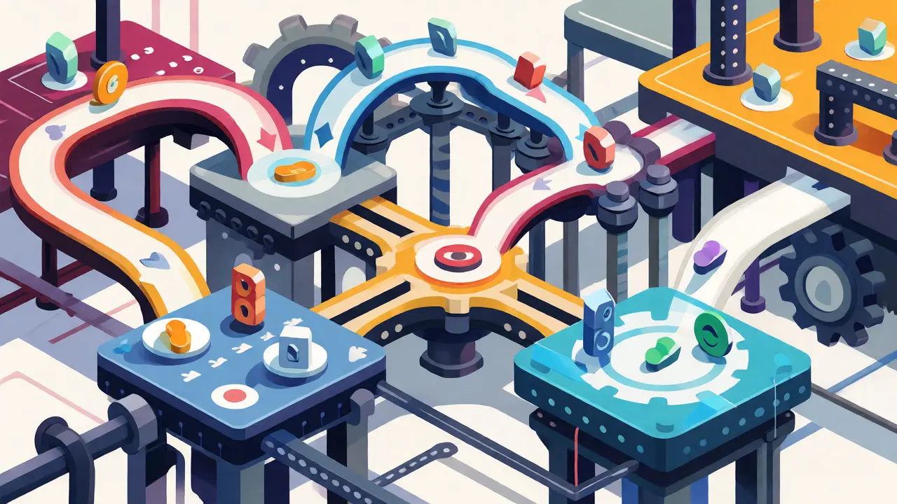 Stylized mechanical bridge connecting blockchain platforms for cross-chain asset transfer.