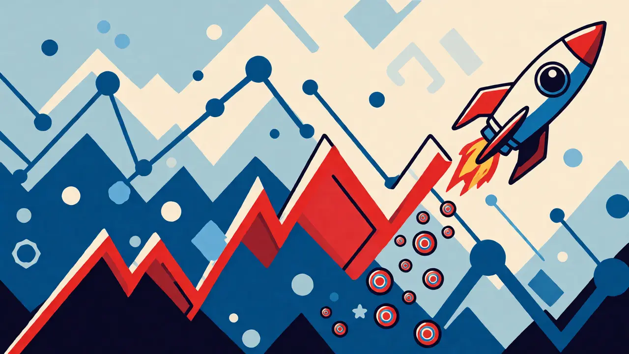 Stylized rocket launching along a rising market graph in UPA style