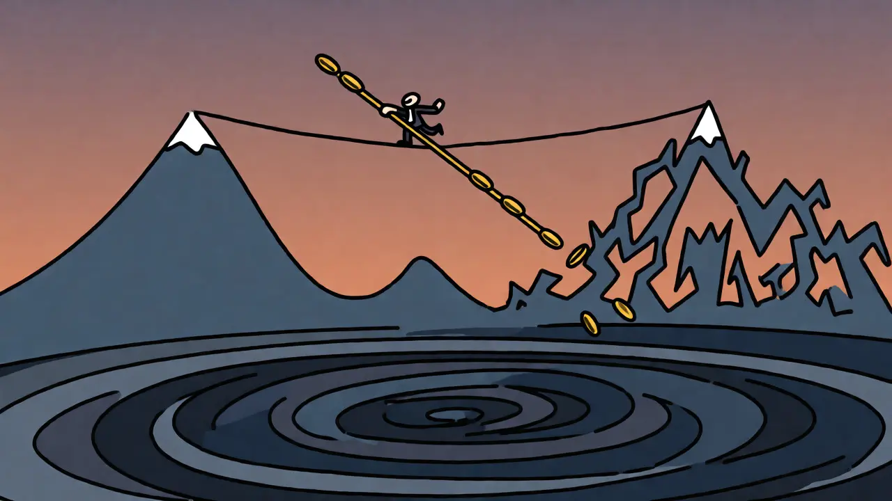 Tightrope walker balancing on coins over chaotic market vortex