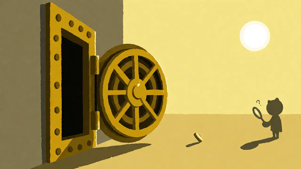 UPA-style cartoon showing a single coin emerging from a large, nearly empty vault.