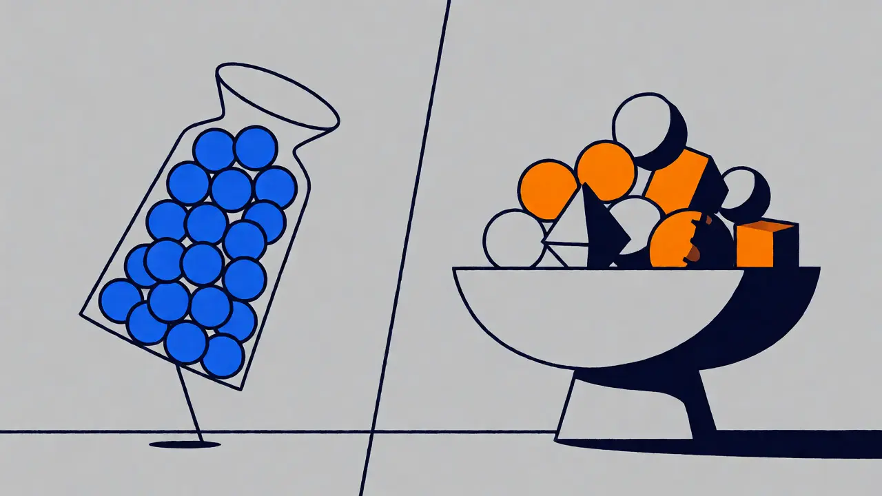 Visual metaphor comparing concentrated vs diversified crypto investments