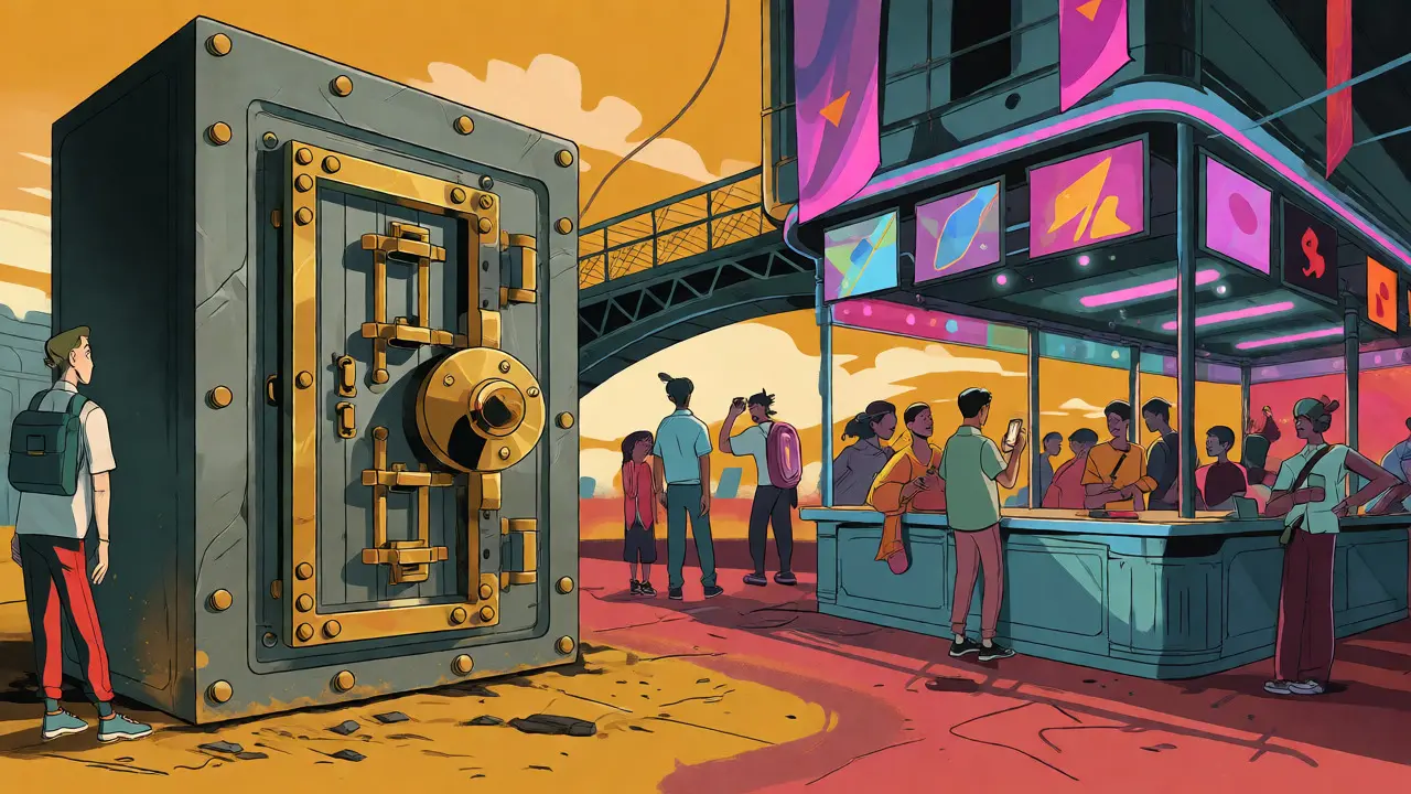 Visual metaphor of Ethereum as bank vault and Solana as market stall